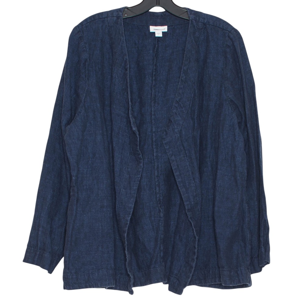 Pure J Jill Linen Jacket Open Front Quiet Luxury Minimalist Lagenlook Blue Large
